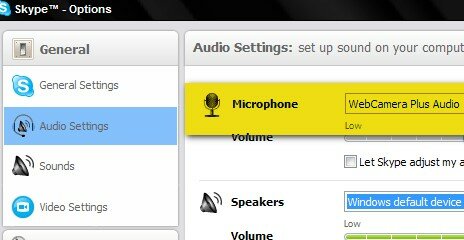 WebCamera 2.0 Audio Settings in Skype